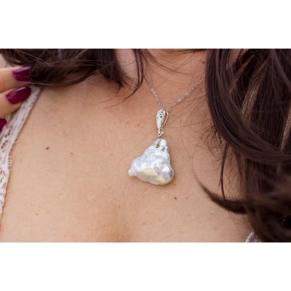 White Huge Baroque Pearl Pendant Statement Sterling Silver Necklace - Picture 2 of 15